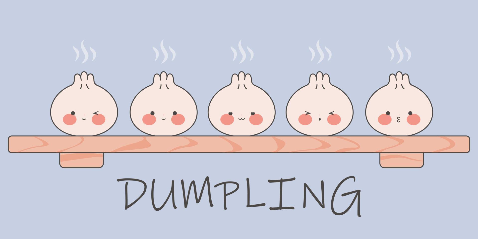 Cute dumplings with different emoticons on a bamboo board. Kawaii dim sum. Asian Traditional Cuisine. Vector illustration in cartoon flat style.