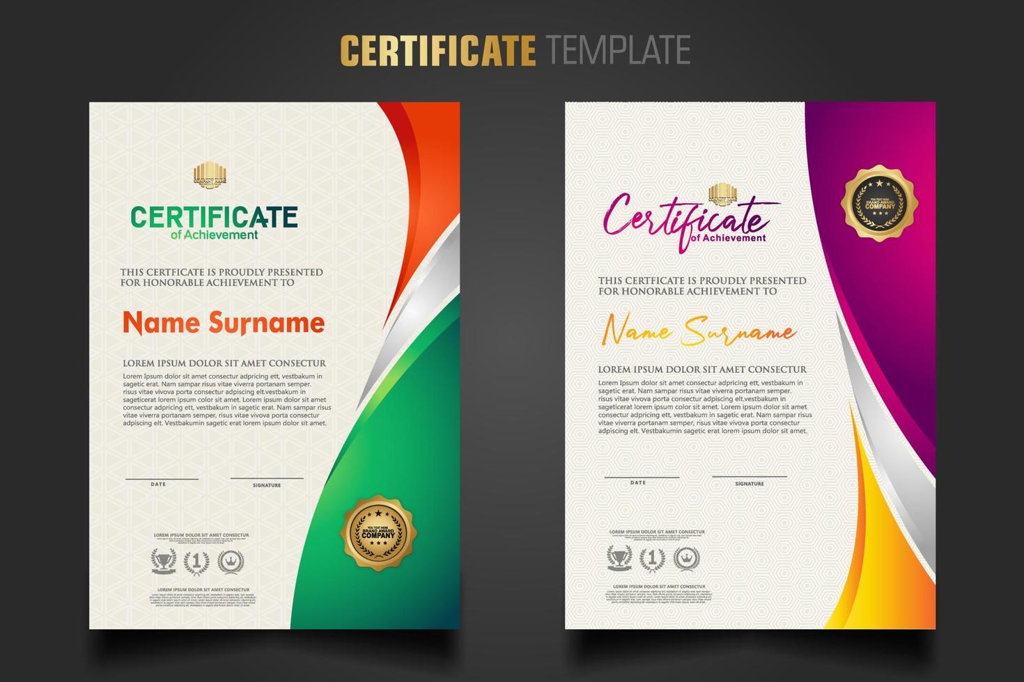 Modern certificate template with beautiful combination color on waving shape background vector
