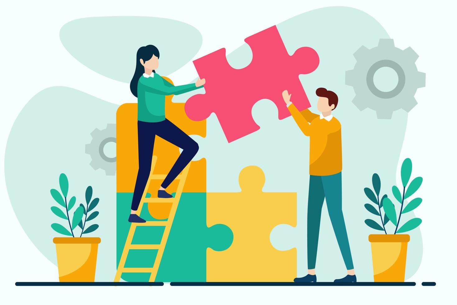 Teamwork concept vector illustration in flat style. Man and woman assembling jigsaw puzzle together. Teamwork, partnership, cooperation, business concept for banner, website design or landing web page