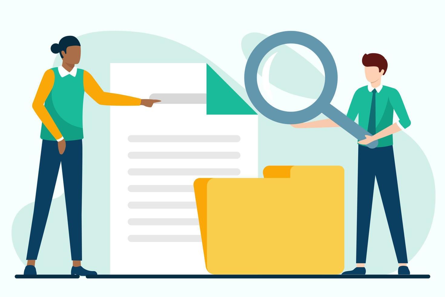 Man and woman holding magnifying glass over documents. Vector illustration in flat style