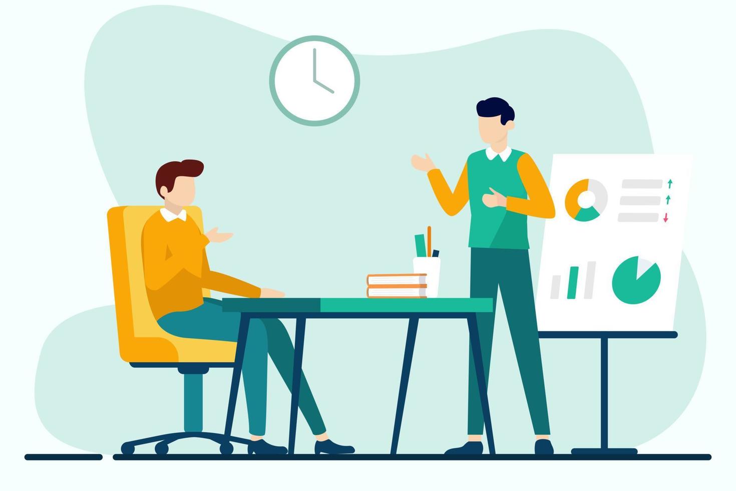 reunión de negocios. ilustración vectorial en estilo de diseño plano. hombre y mujer sentados a la mesa, discutiendo estrategia de negocios. vector