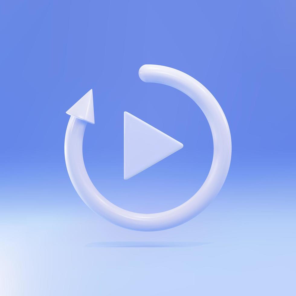 3d Video play button like simple replay icon isolated on blue background. Vector illustration.