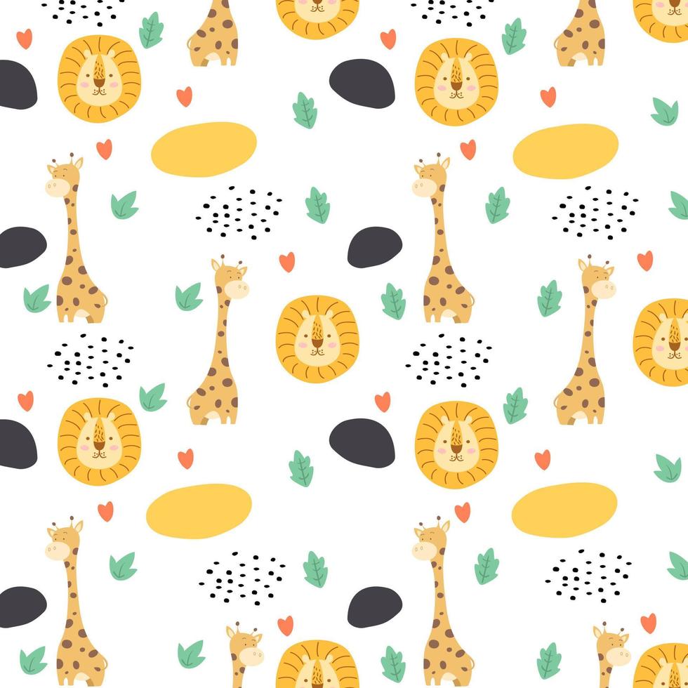 Vector seamless pattern colorful doodle giraffe and lion