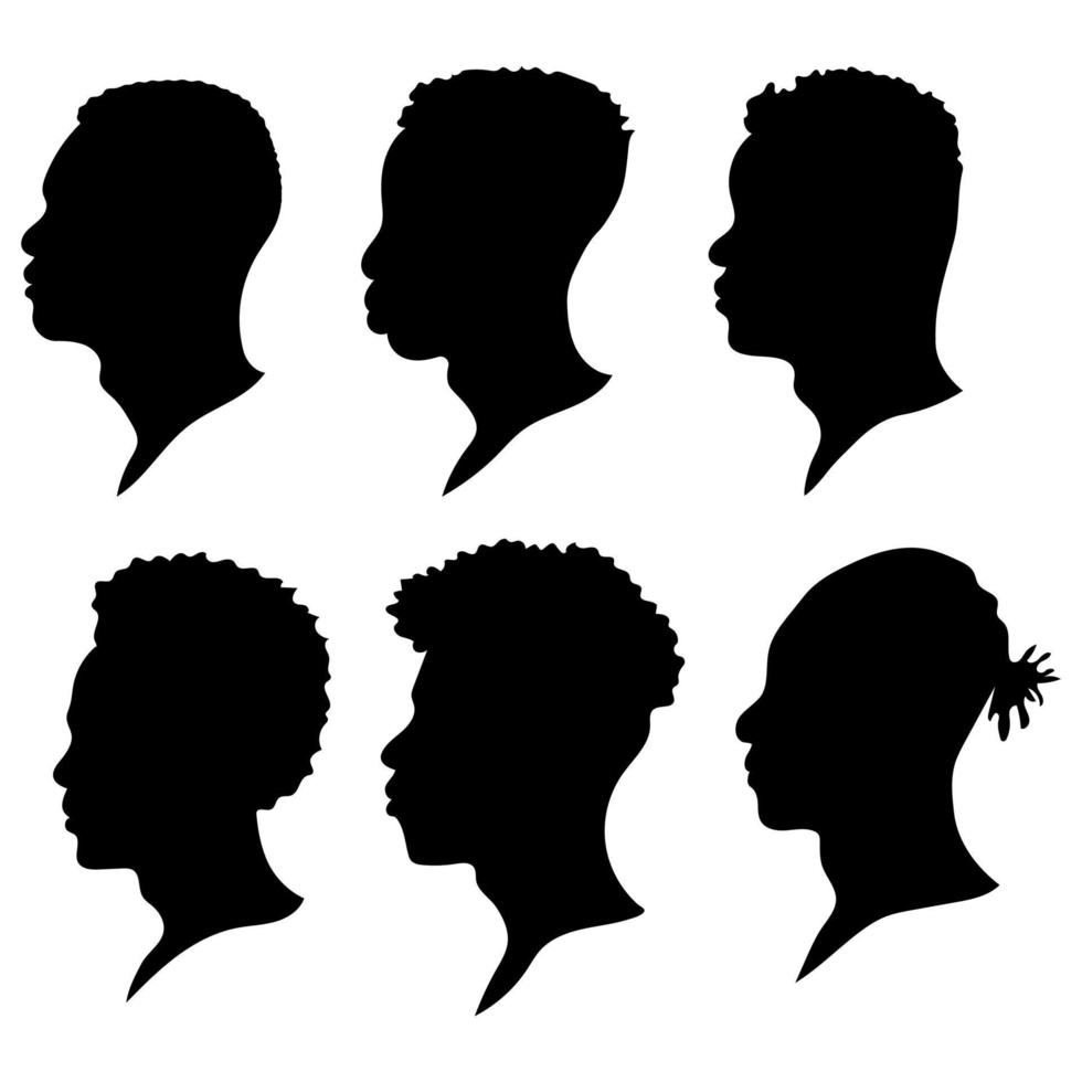 siluetas de afroamericanos. un conjunto de siluetas de perfil de hombres. contorno de cabello ilustración vectorial vector