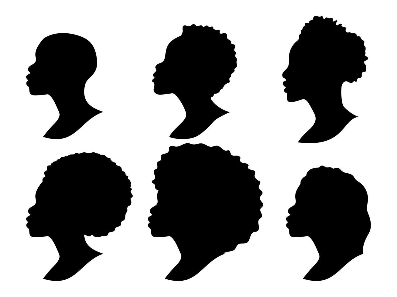 Silhouettes of African Americans. A set of womens profile silhouettes. Hair contour. Vector illustration