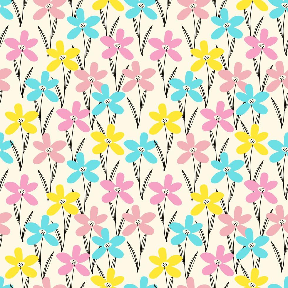 bizarre spring wild flowers seamless pattern in doodle style vector