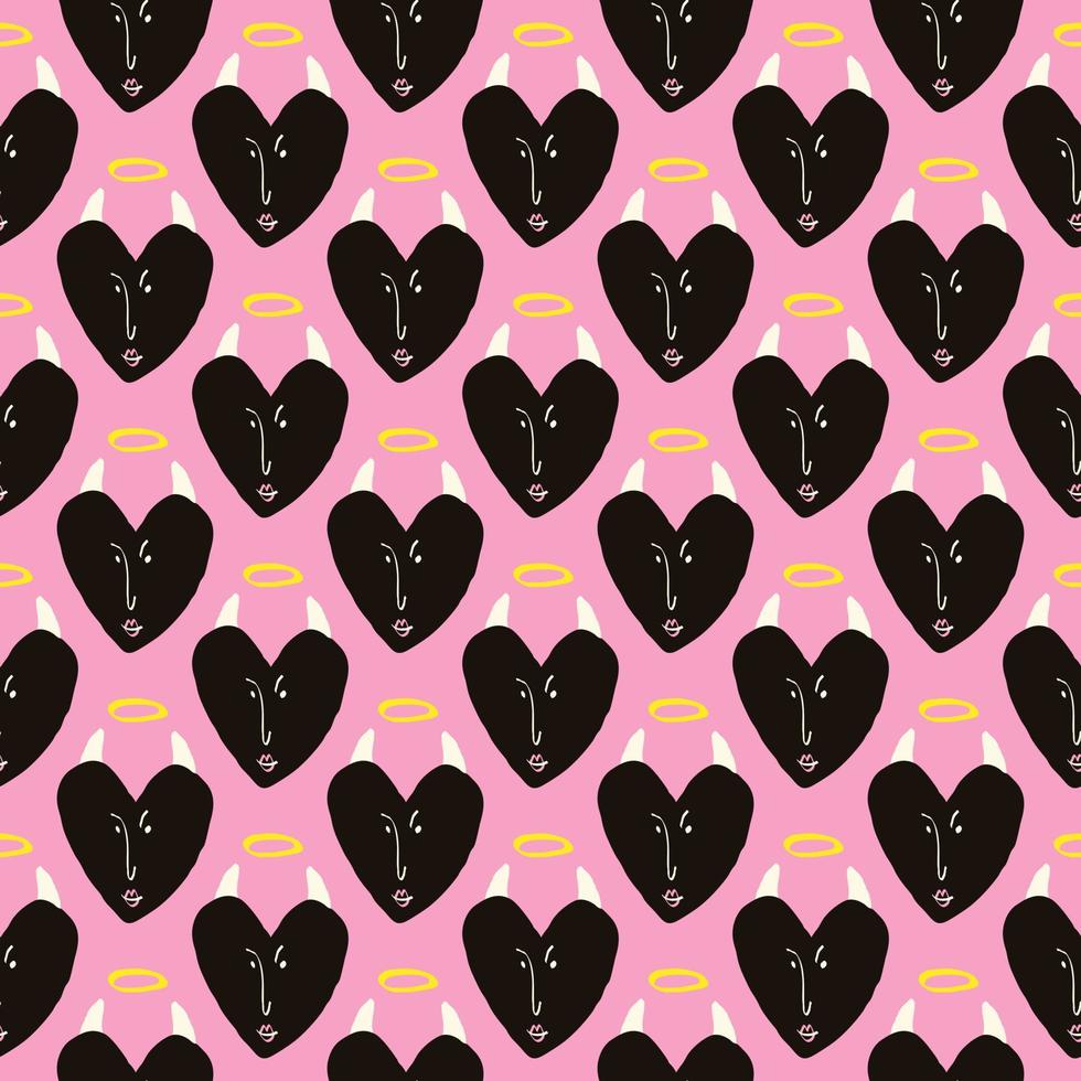 Valentines Day pattern with ugly devil hearts. Groovy cute love characters vector
