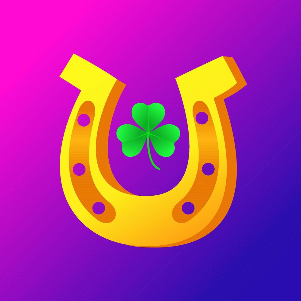 Golden horseshoe with green three-leaf clover. Sign of good luck, wealth or success. St Patrick's day symbol, leprechaun leaf, celebration of the Irish holiday. Clip art. Vector illustration