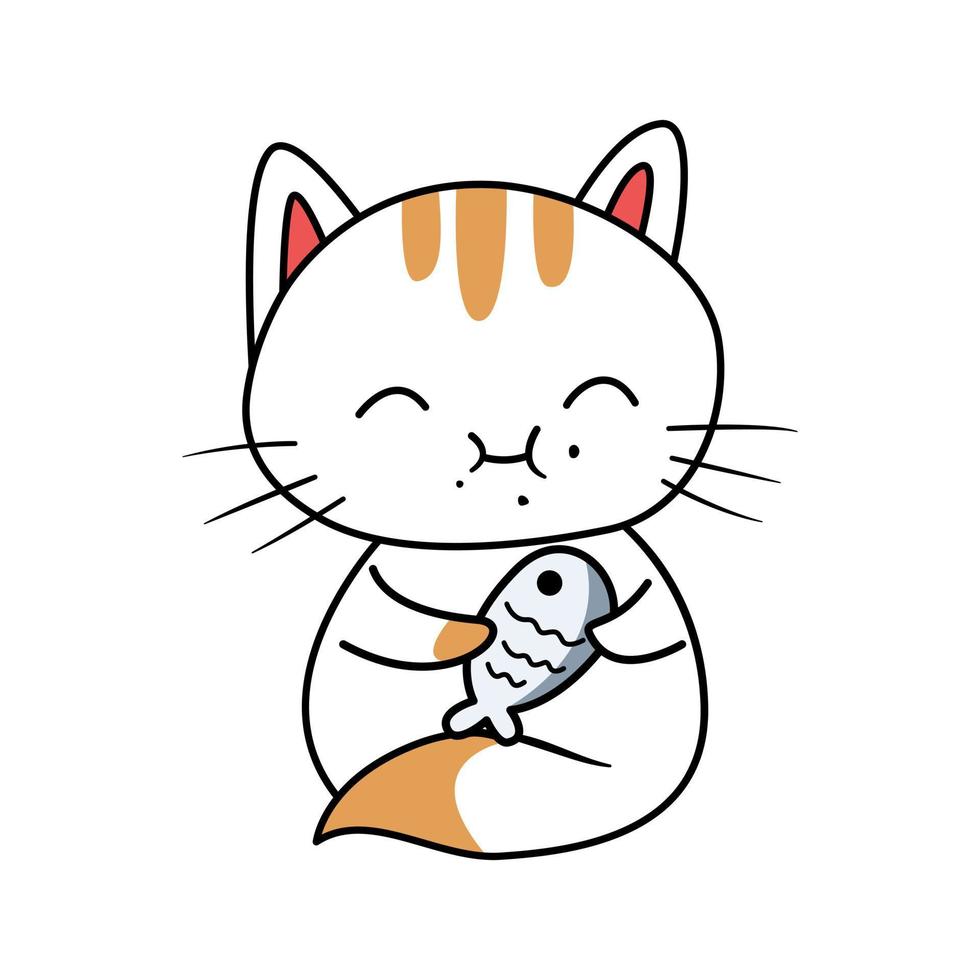 Cute cat eating fish cartoon vector icon illustration