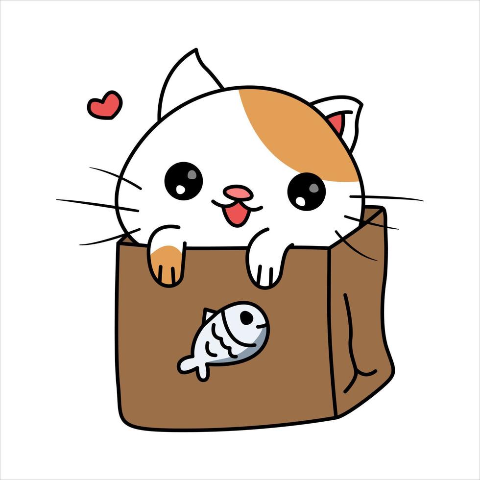 Cute cat playing in box cartoon vector icon illustration