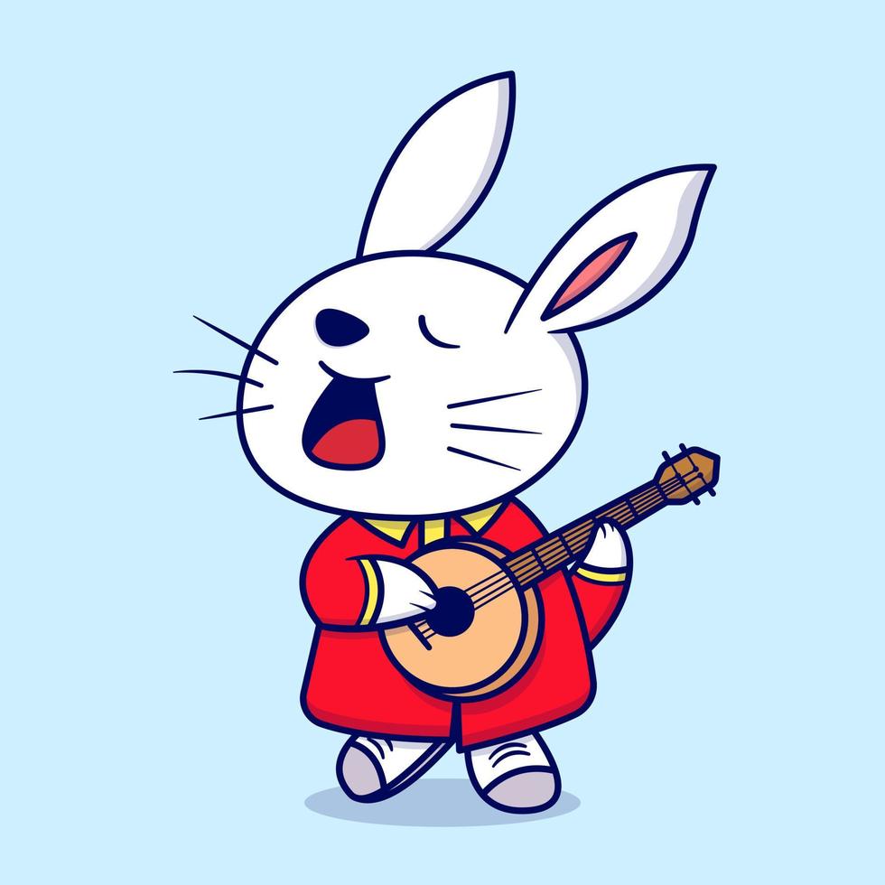 Cute rabbit playing guitar cartoon vector icon illustration