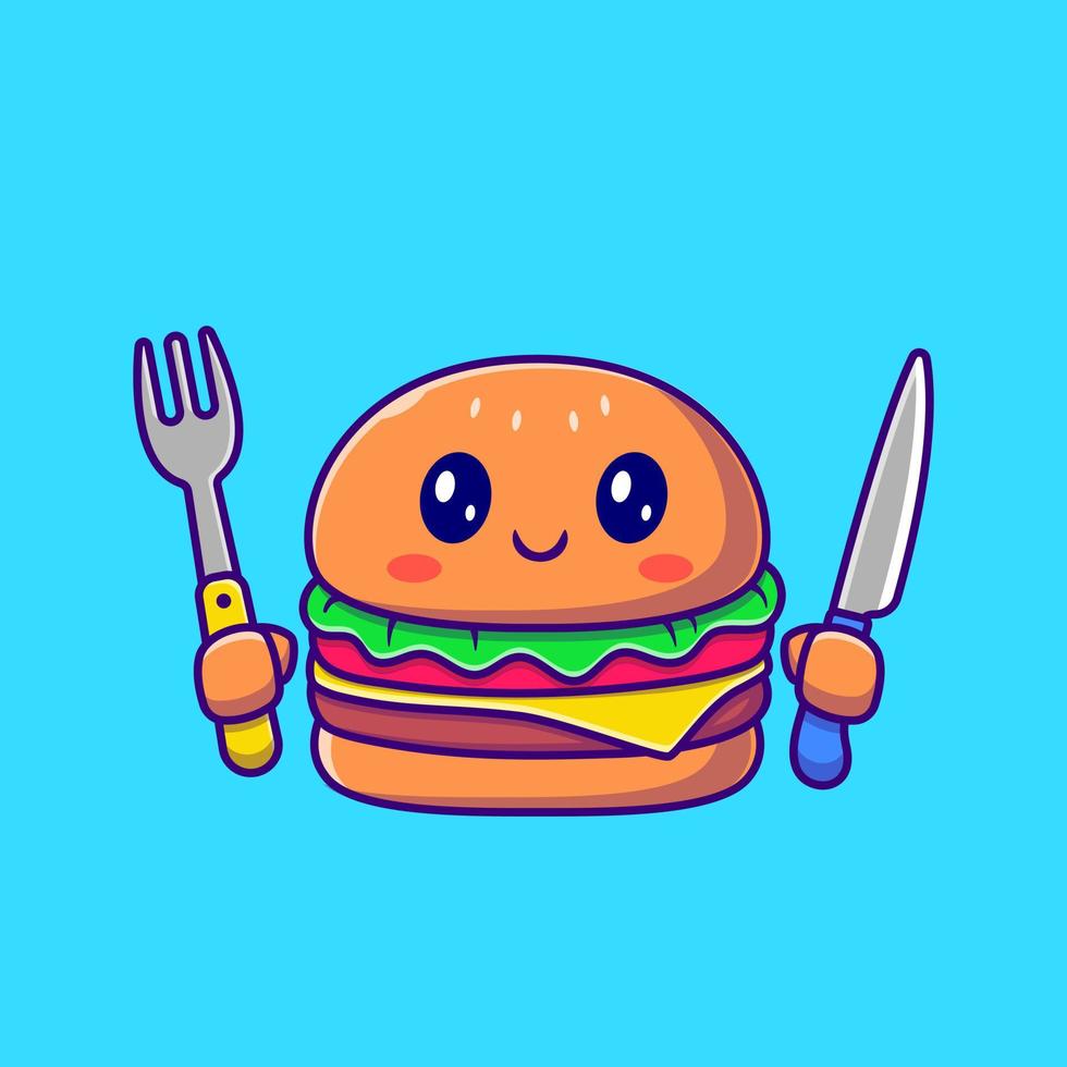 Linda hamburguesa con cuchillo y tenedor ilustración de icono de vector de dibujos animados. concepto de icono de comida rápida vector premium aislado. estilo de dibujos animados plana