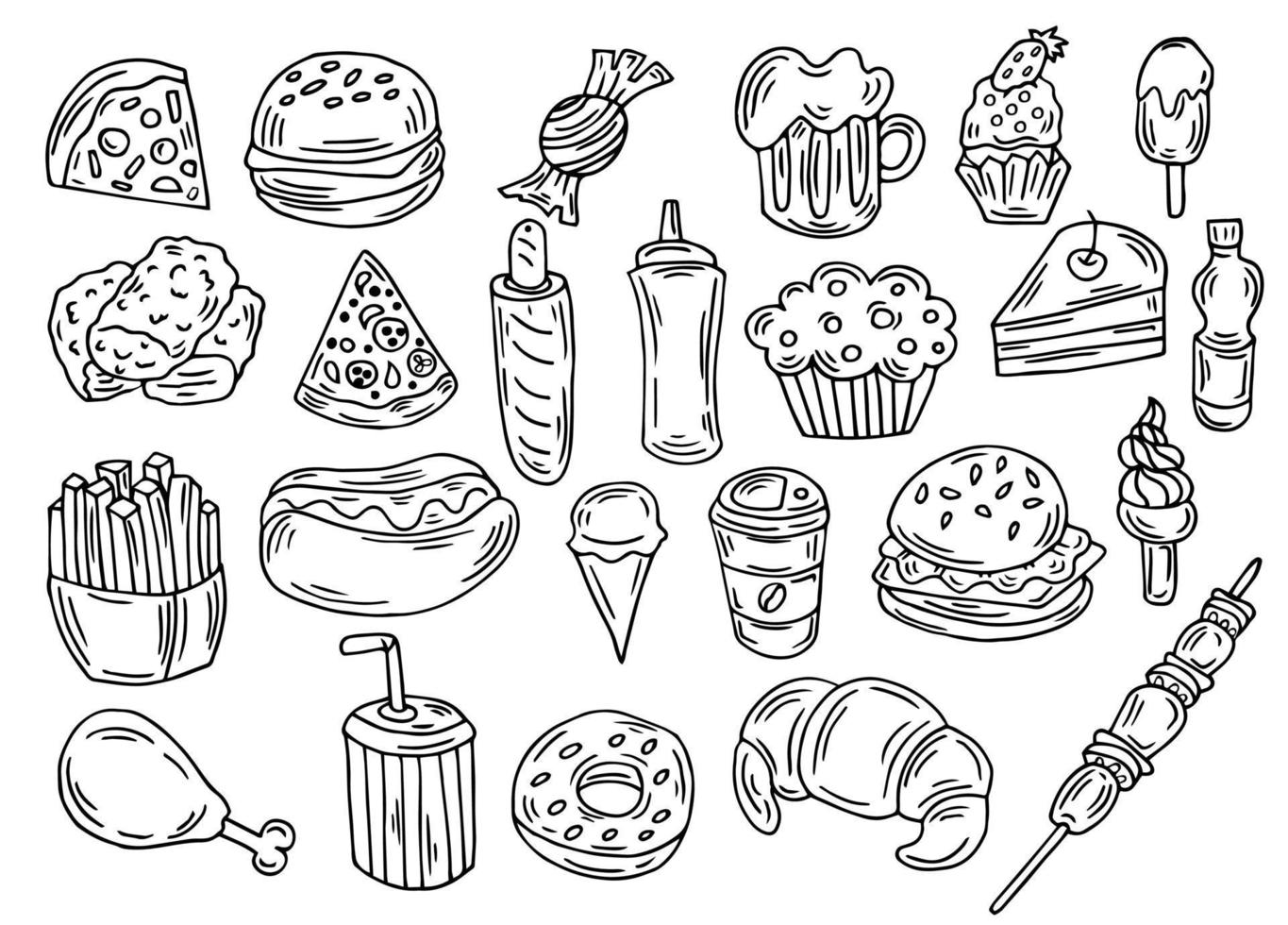 Hand Drawn Fast Food Doodle Vector Set  Vector Illustration