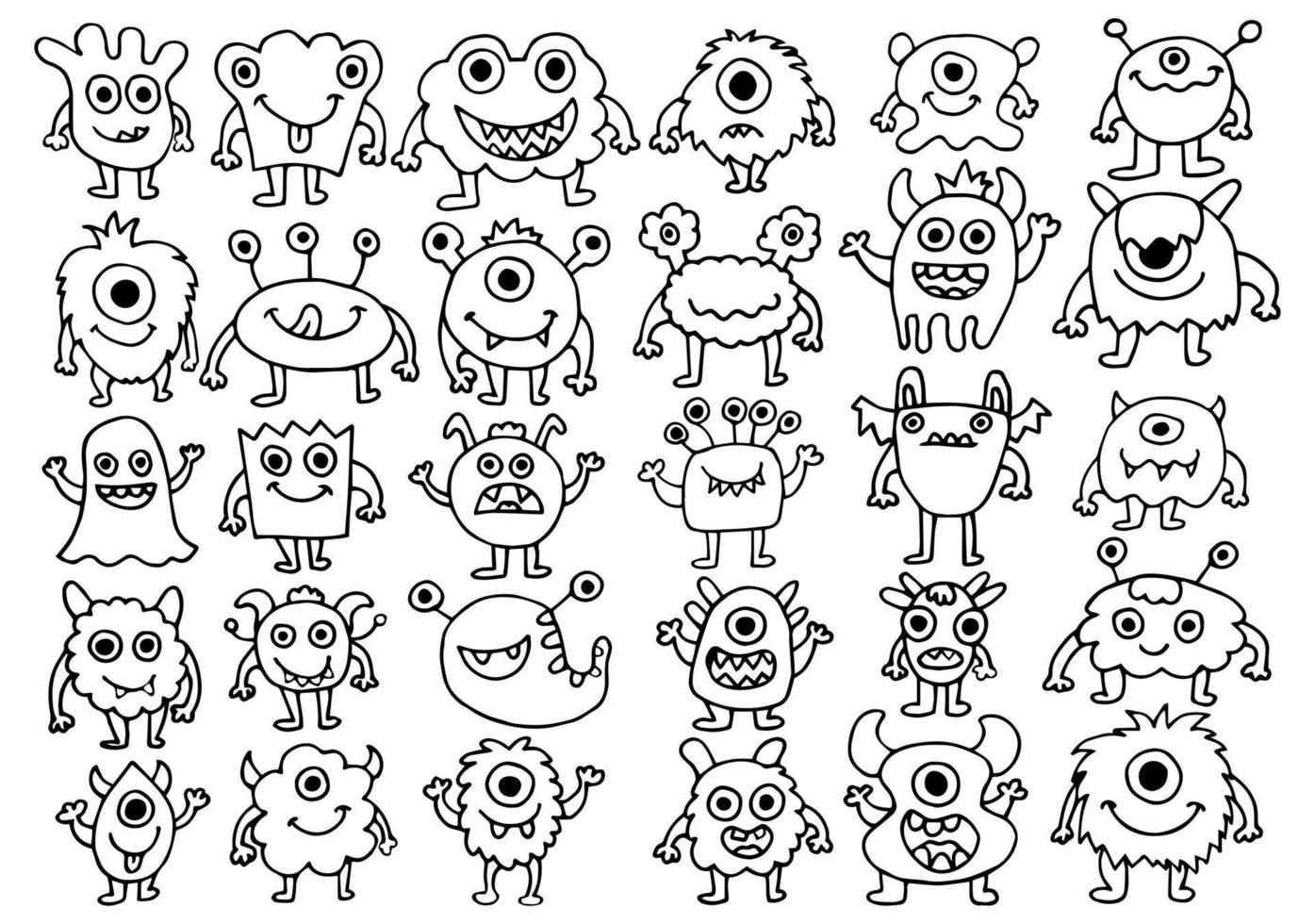 Big monsters set collection. Cute different aliens in doodle style. Vector illustration