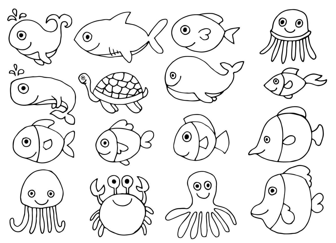 Hand drawn set with sea kawaii animals isolated on white background vector