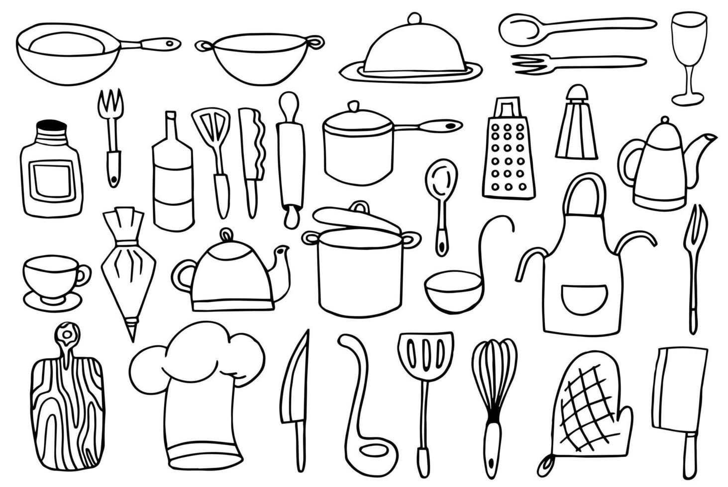 Set of doodle kitchen tools on white background vector