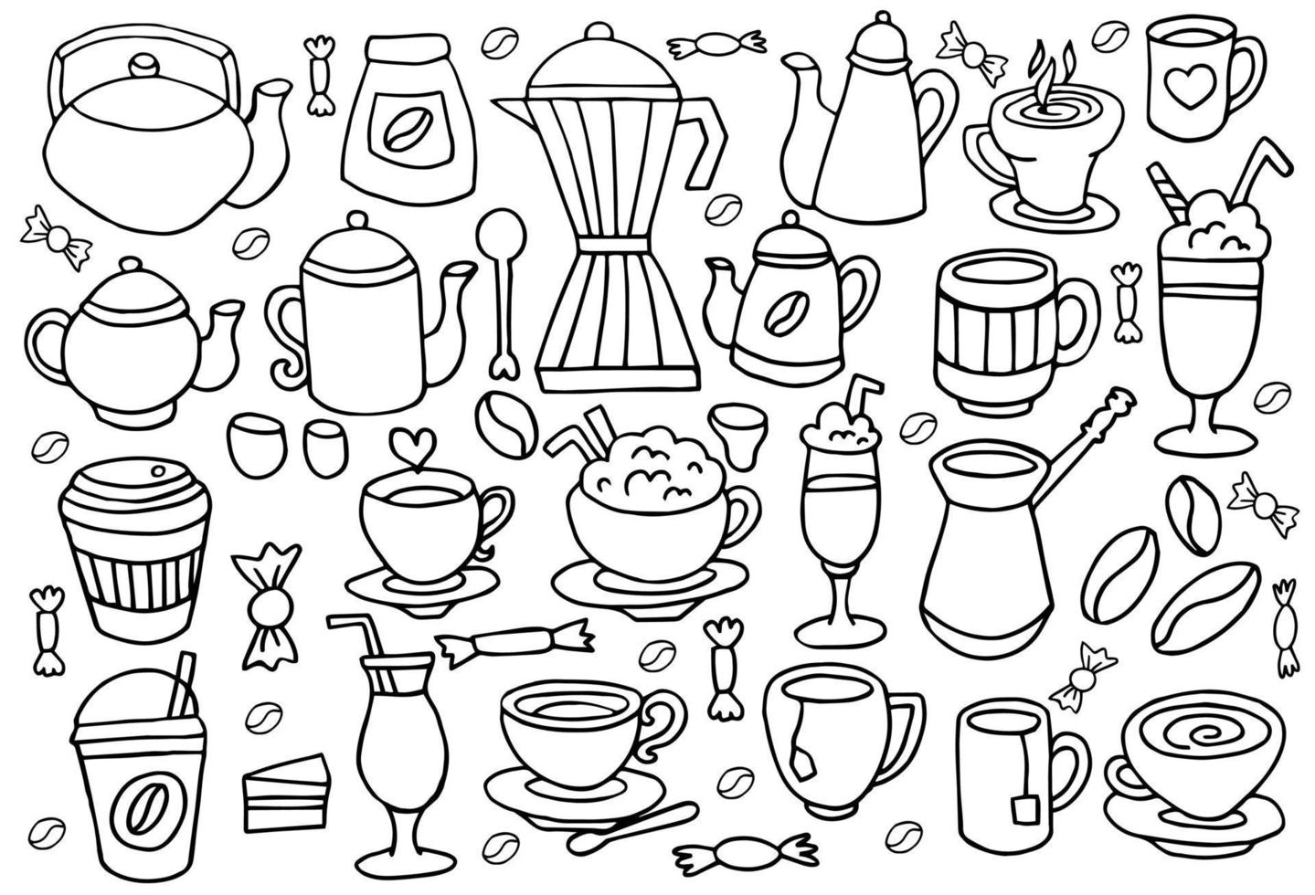 Hand drawn set with different coffee cups isolated on white background. Vector doodle illustration