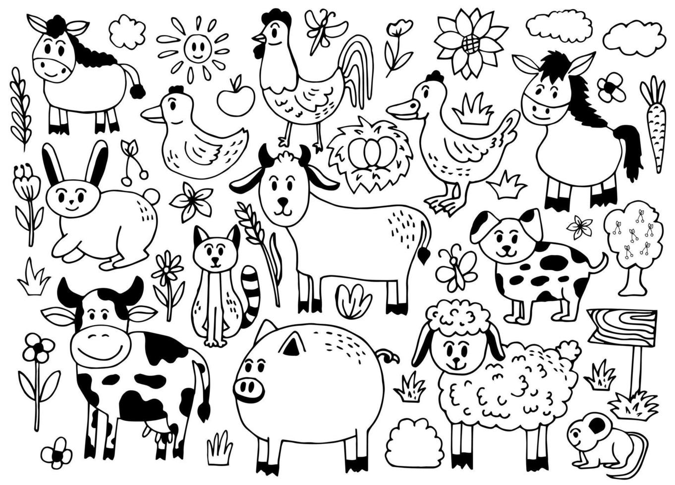 Farm hand drawn big set with different animals. Doodle style drawing. Vector illustration