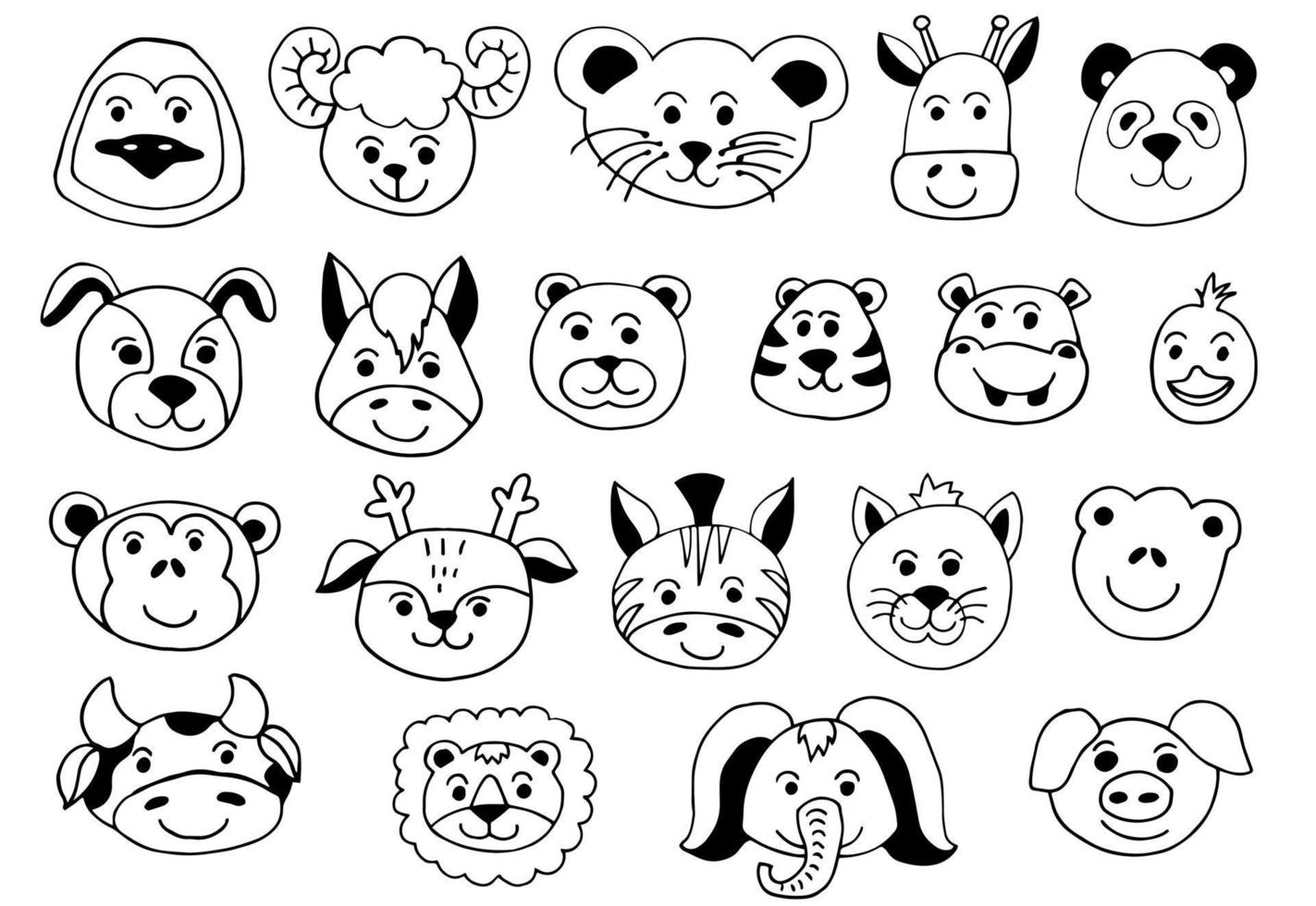 Big set with doodle face animals isolated on white background. Cute nursery collection. Vector illustration