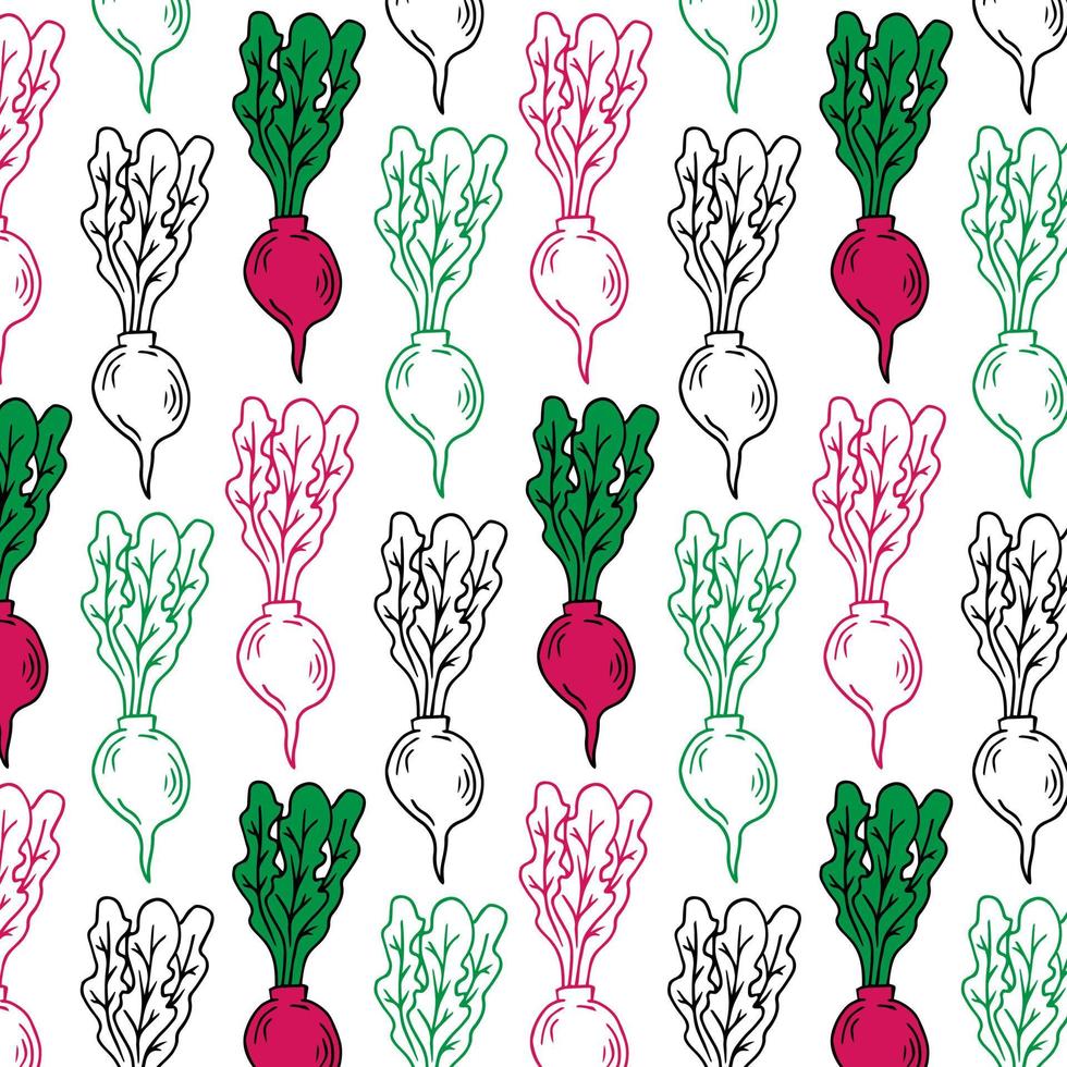 patrón de rábano sin costuras. fondo vegetal vectorial. ilustración de garabato vector