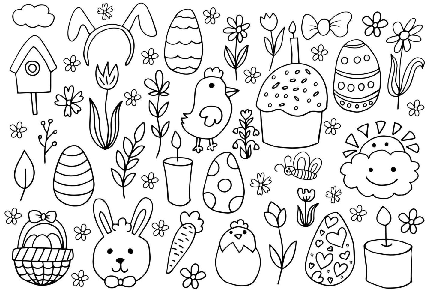 Hand drawn set for easter. Big cute collection in doodle style. Vector illustration