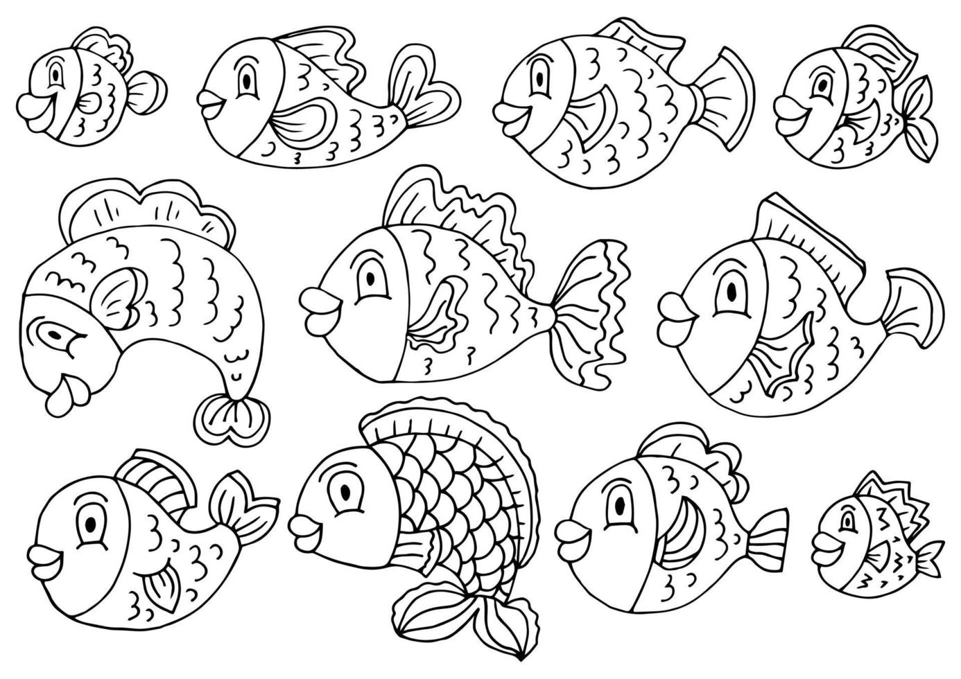Hand drawn fish set in line style. Coloring page. Vector illustration