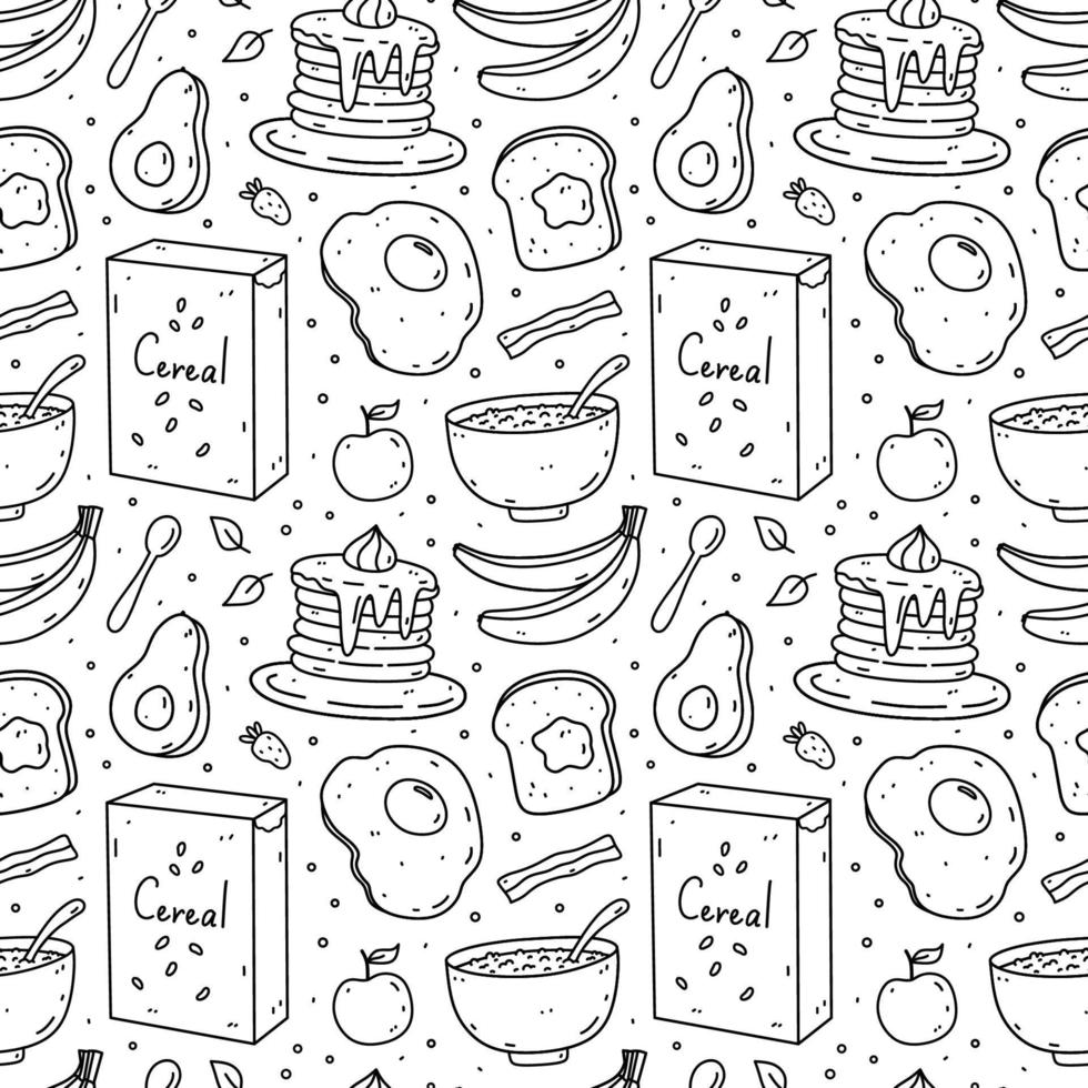 lindo patrón sin costuras con comida para el desayuno: tostadas, avena, aguacate, tocino, huevo frito, panqueques. ilustración vectorial de garabatos dibujados a mano. perfecto para imprimir, envolver, empapelar, varios diseños. vector