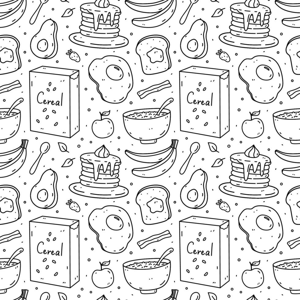 Cute seamless pattern with breakfast food - toasts, oatmeal, avocado, bacon, fried egg, pancakes. Vector hand-drawn doodle illustration. Perfect for print, wrapping, wallpaper, various designs.