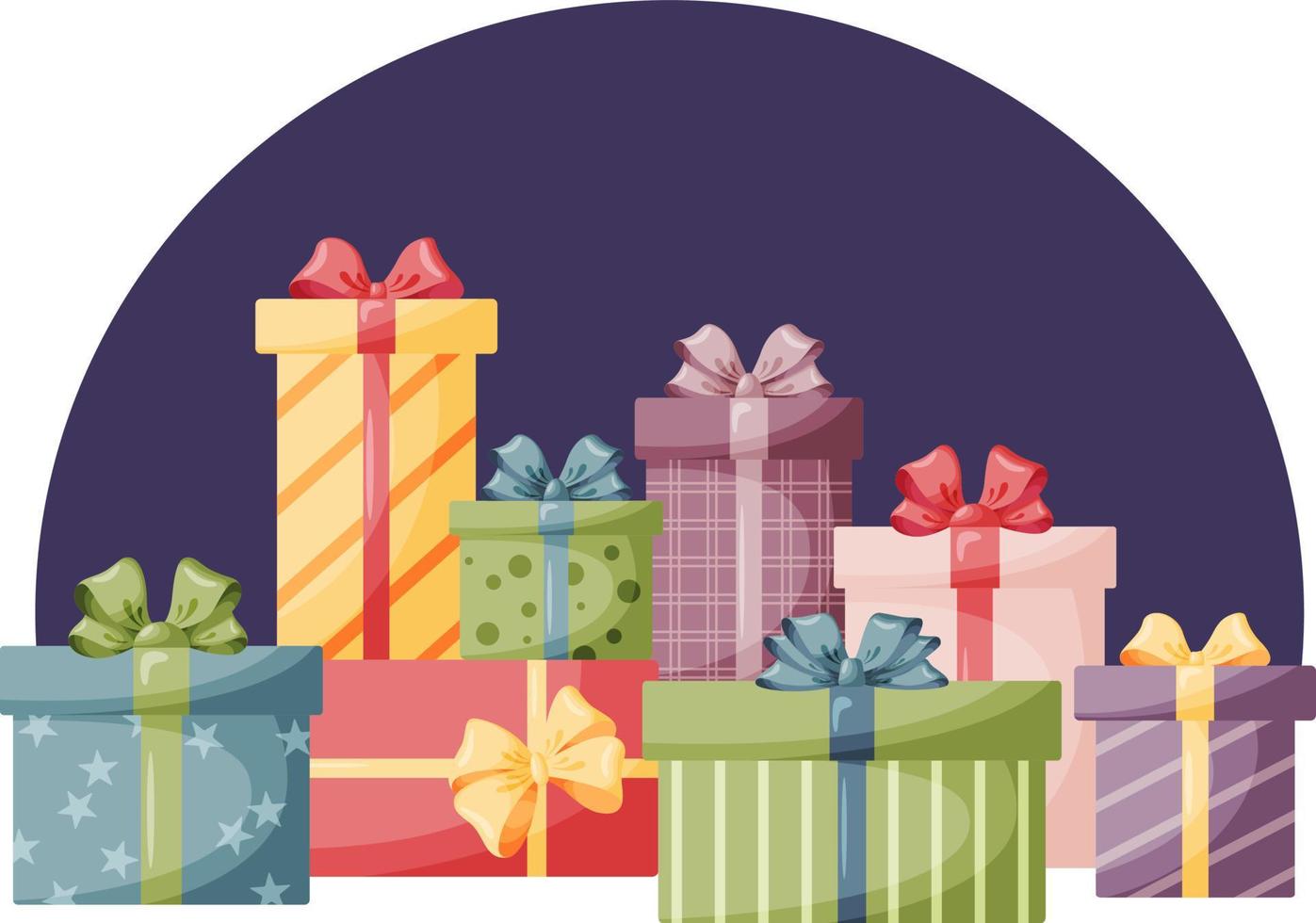 gran pila de coloridas cajas de regalo con cinta y lazos. un montón de regalos para fiestas de cumpleaños, vacaciones, festivos, celebraciones, eventos. ilustración de dibujos animados gráfico plano vectorial vector