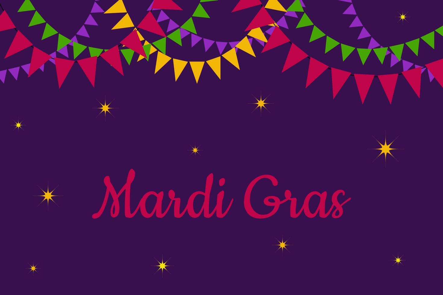 Holiday Mardi Gras. Garlands, flags in traditional colors. Festive decoration carnival multicolored bunting. Greeting card, background for Mardi Gras. Horizontal banner, frame. Vector illustration