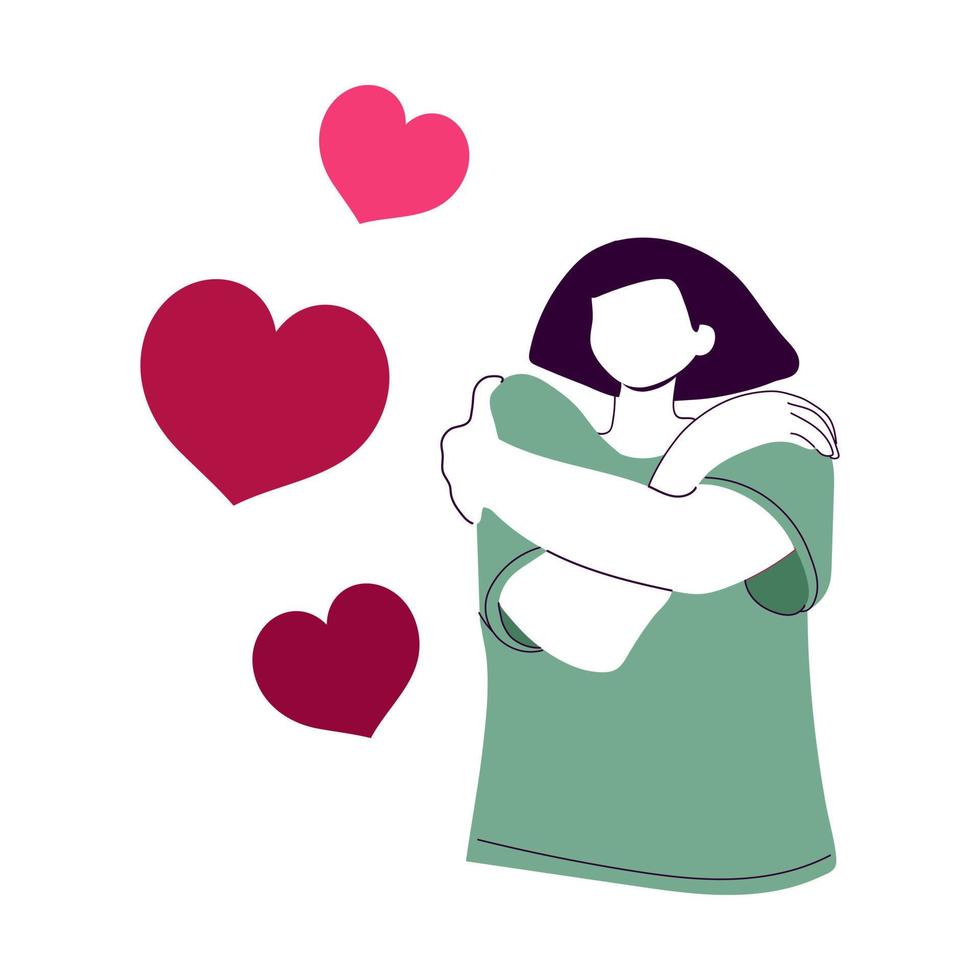 Woman hugging herself with hearts vector illustration