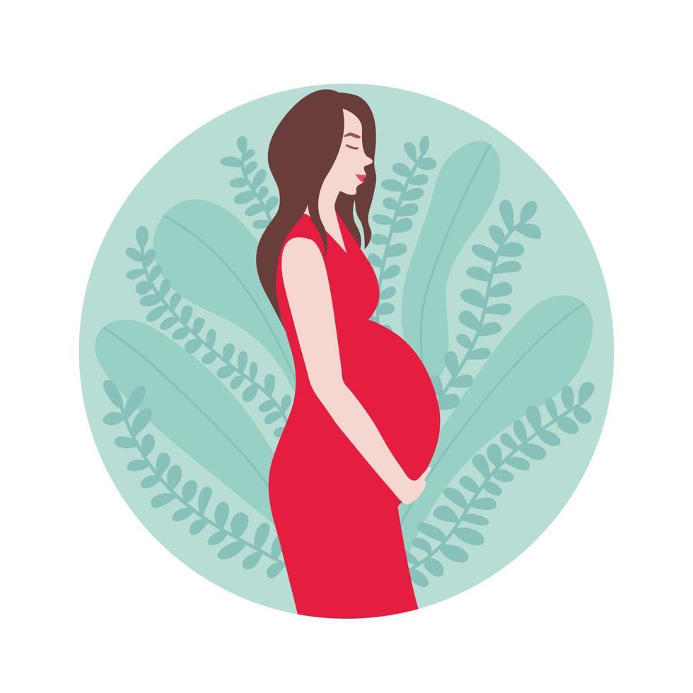 Vector pregnant woman. Woman holds her belly. Vector stock illustration. Pregnancy flat logo. Different leaves background.