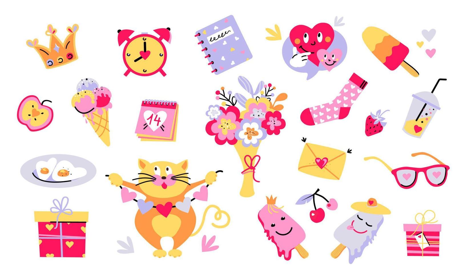 Set of cute vector love stickers. Collection of design elements for valentines day.