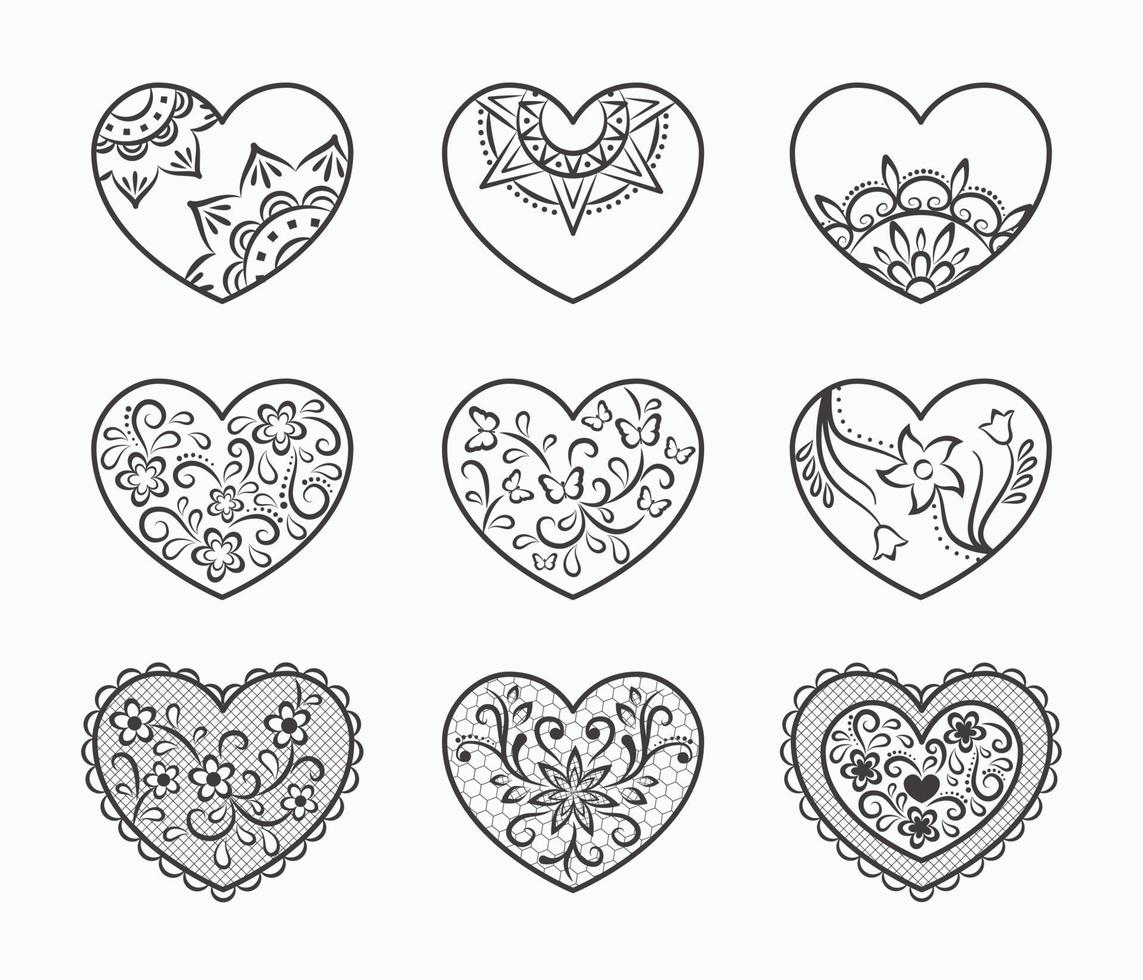 Decorative hearts collection. Mandala, floral, lace pattern. vector