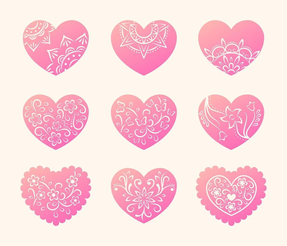 Decorative hearts collection. Mandala, floral, lace pattern. vector