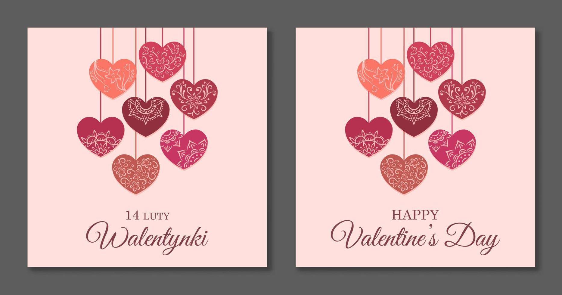 Día de San Valentín. corazones decorativos. polaco e inglés. vector