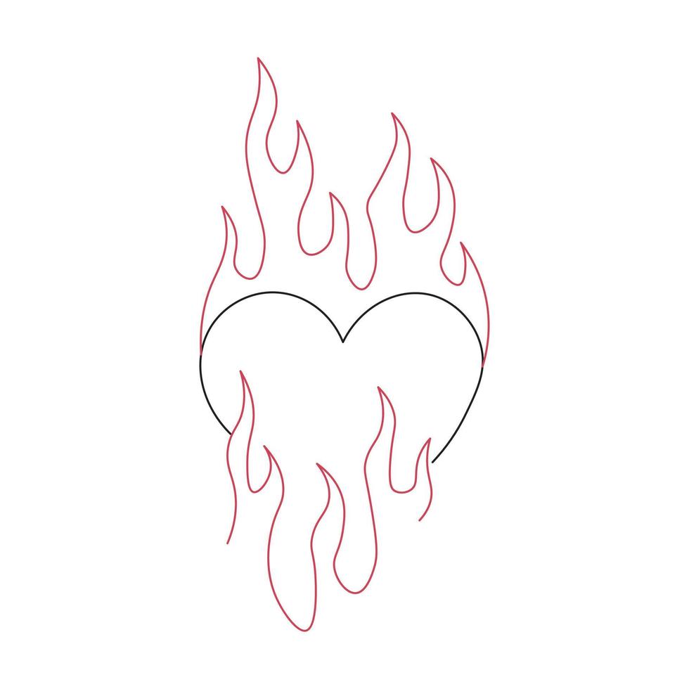 Outline burning heart icon. Heart silhouette with fire, blazing love pictogram vector