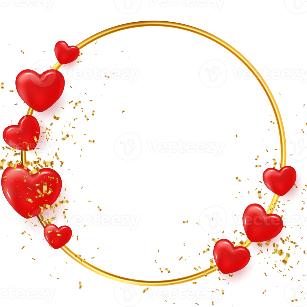 cadre de la saint-valentin. cadre de cercle doré avec des coeurs rouges réalistes et des confettis isolés sur fond transparent. place pour le texte. png