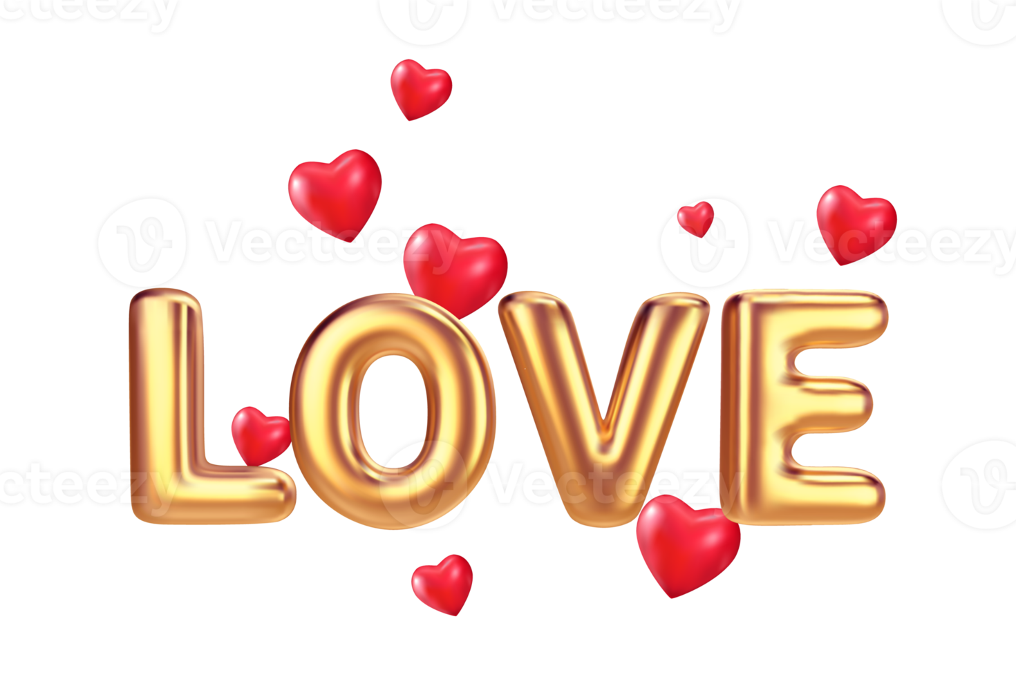 3d golden balloon text Love with realistic hearts on transparent background. Realistic 3d illustration. png