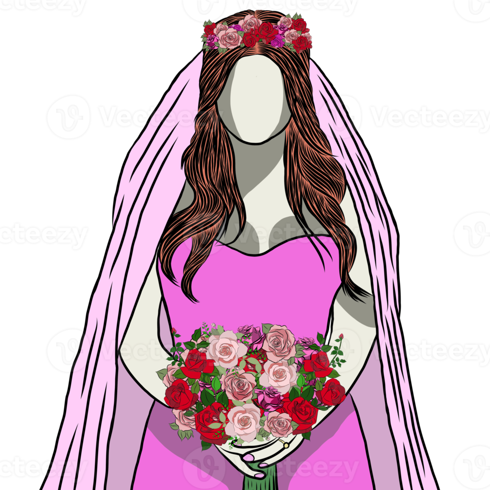 Hand drawn,beautiful woman and flower bouquet. png