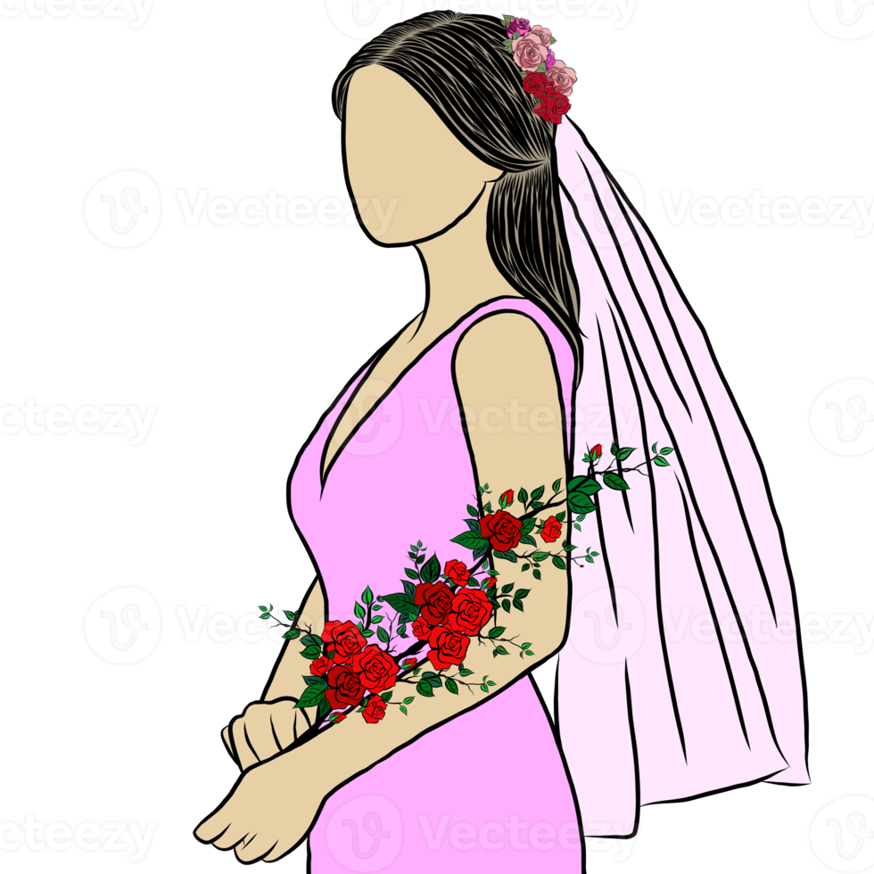 hand tecknad, vacker kvinna och blomma bukett. png