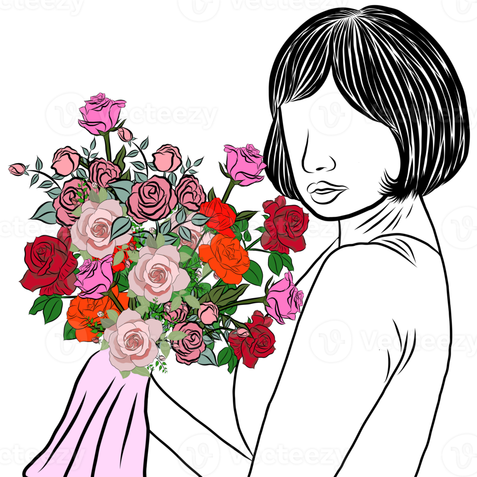 femme tenant un bouquet de fleurs png