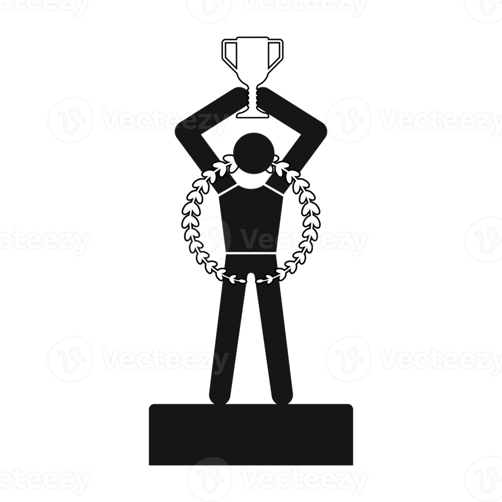Human icon with Laurel wreath holds a trophy. Winner champion symbol png