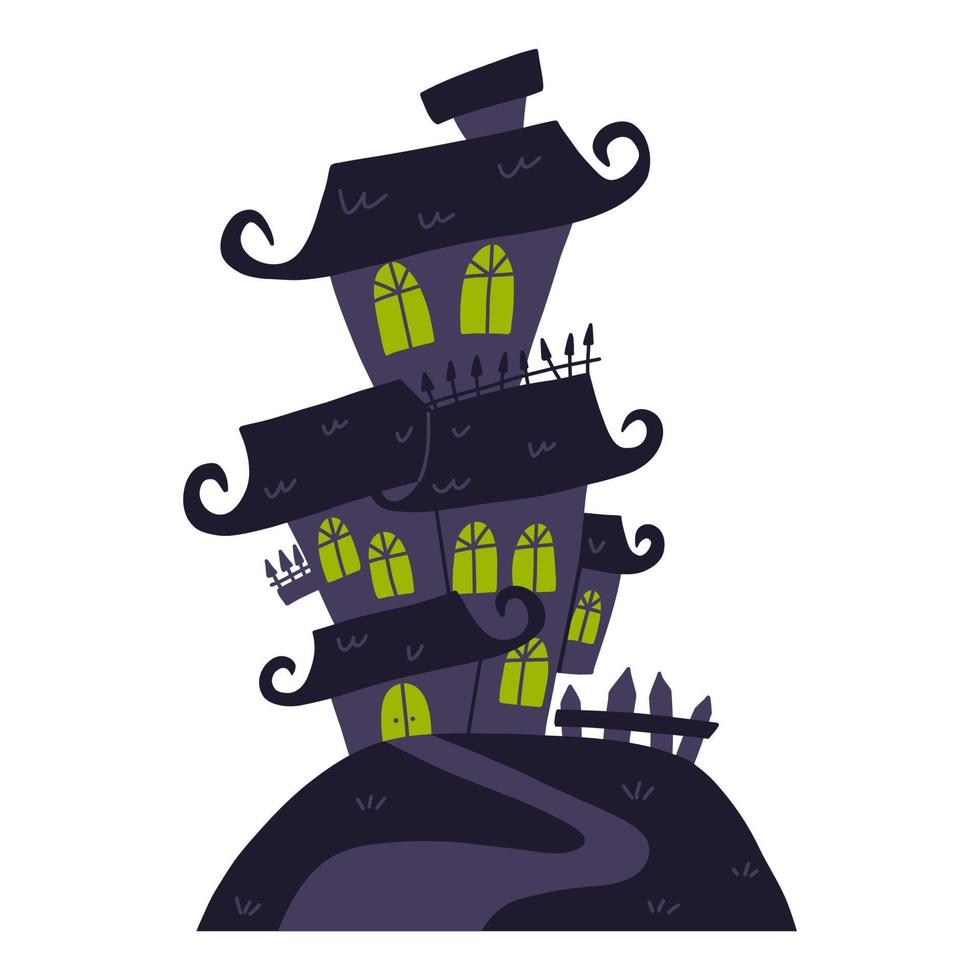 casa embrujada espeluznante en la colina, ilustración vectorial plana de dibujos animados aislada en fondo blanco. edificio misterioso con fantasmas, elemento tradicional de halloween. vector