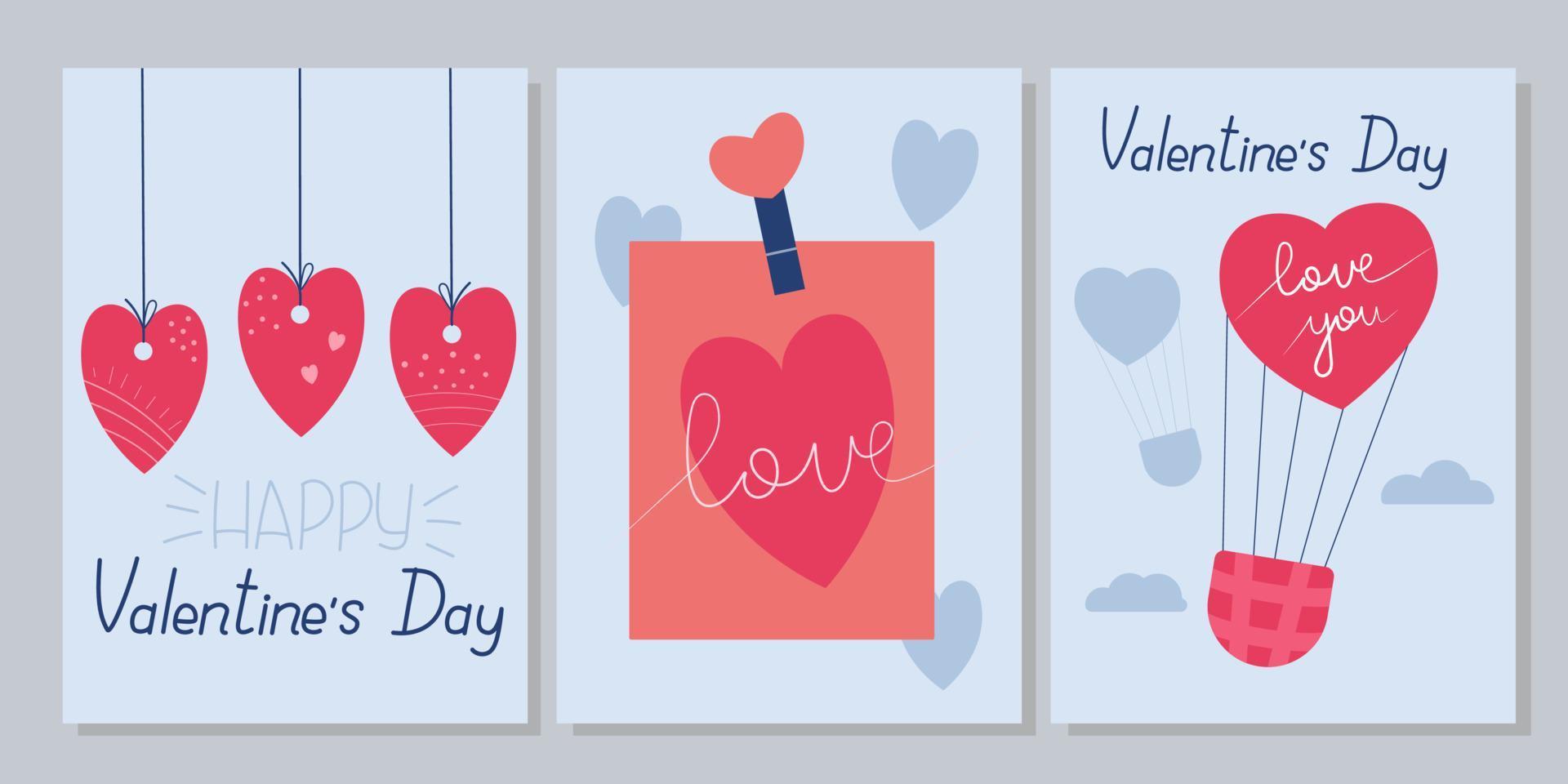 Valentines Day cards set. Printable cards template for Valentines Day. Ideal for Valentines Day. Layout in A6. Vector illustrations.