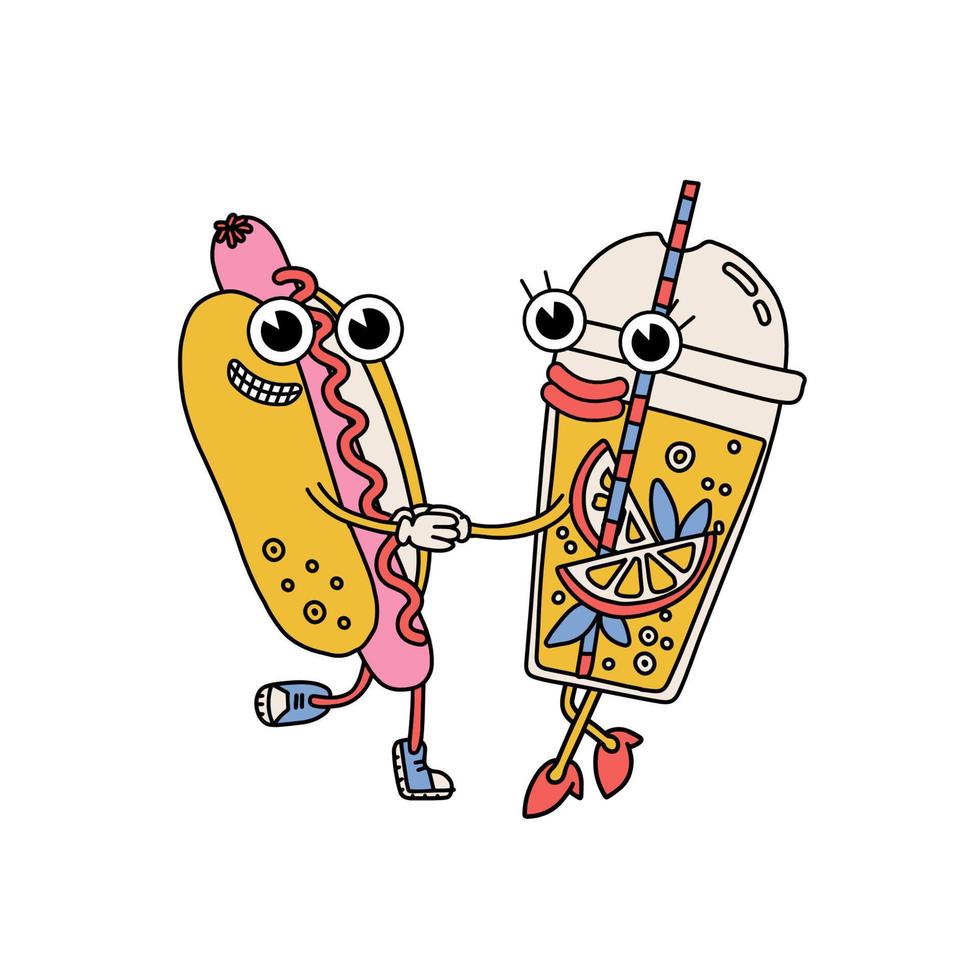 Cartoon retro hot dog and lemonade drink in plastic cup characters. Holding hands vintage mascots. Groovy couple in love. Valentine's day isolated concept. Contour vector illustration.