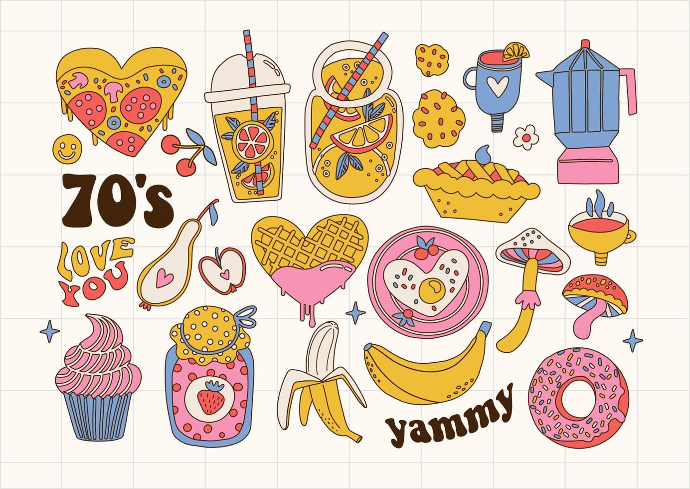 conjunto de comidas y bebidas ricas en estilo retro de los años 70. colección de comida saludable y jank. bevegares dulces y galletas, lamonade y café. ilustración dibujada a mano de contorno vectorial. vector