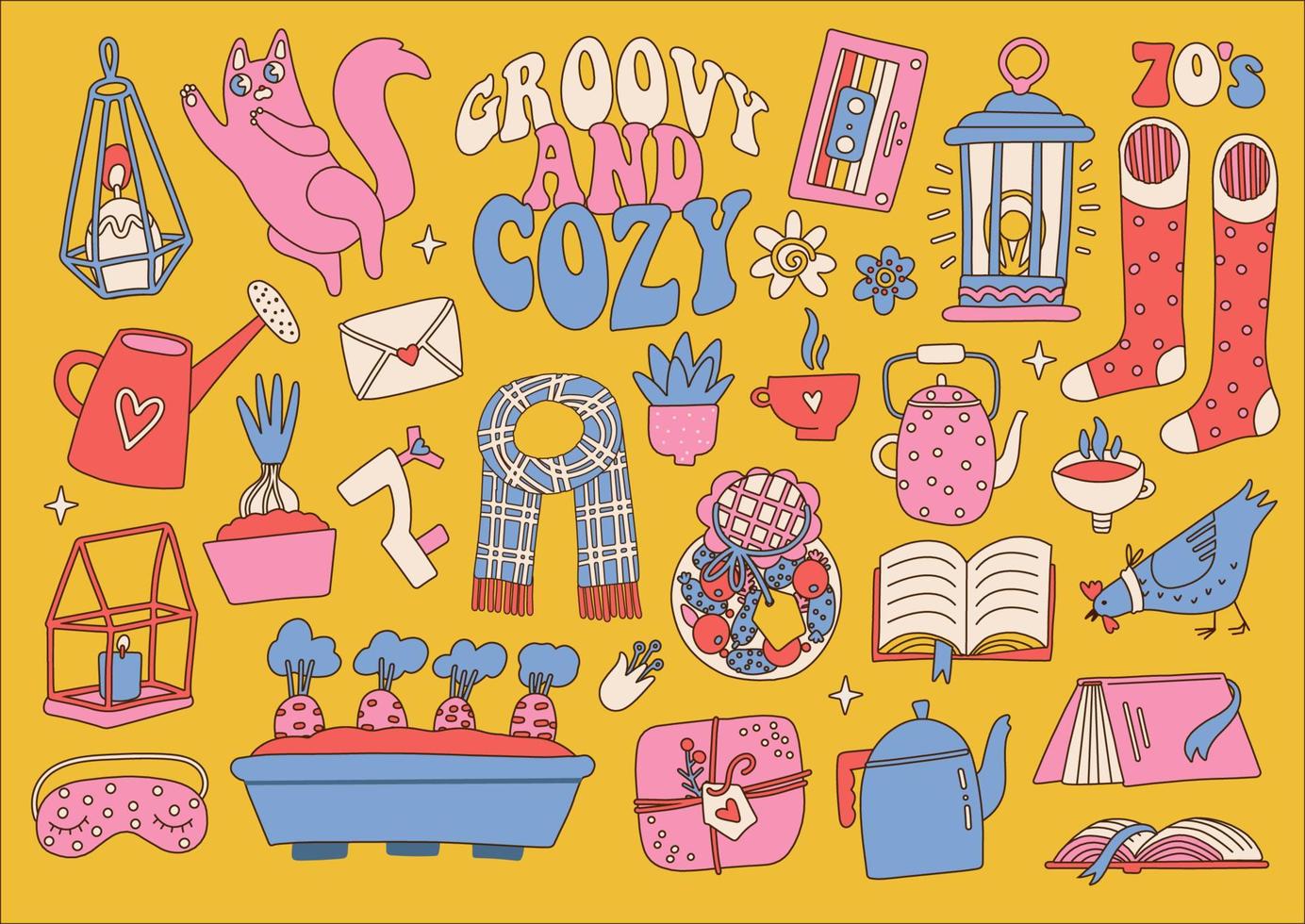 Hippie retro vintage icons in 70s-80s style. Cozy home stuff. Retro hobby. Flat contour vector illustration.