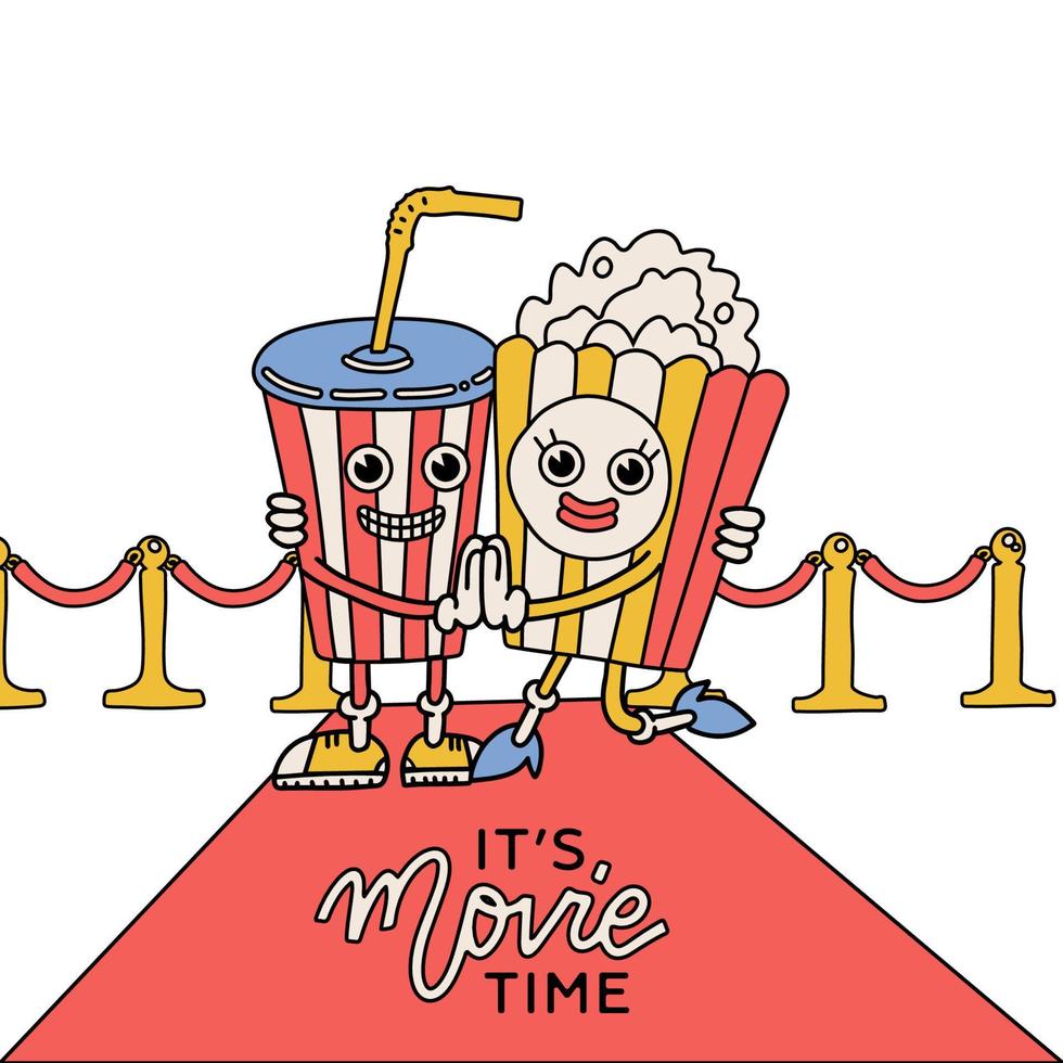 Popcorn and soda drink groovy characters on the red carpet. Cute retro cartoon mascots with hands, legs, eyes. Vintage comic style. Cinema, movie watching concept. Vector illustration. It's movie time
