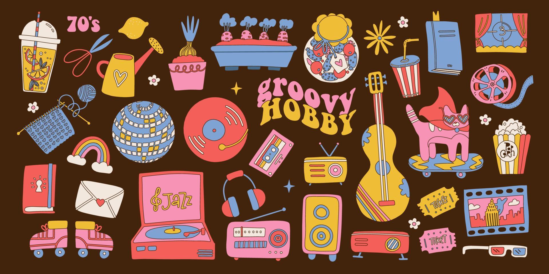 Set of groovy hobby objects. Hippie retro elements. Collection of cute 80s, 90s nostalgia stickers. Vintage cinema, music, bookks, gardening, skating, film objects. Trendy oldschool graphic vector